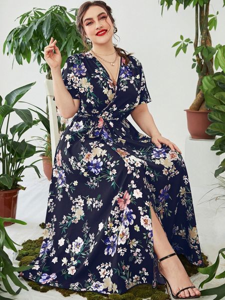 

plus floral print overlap collar belted dress 91qw#, Black