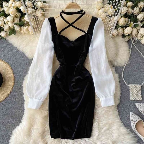 

autumn winter black white patchwork dress for women halter long sleeve party dresses female velvet vestidos new fashion 210325, Black;gray