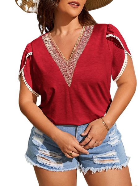 

plus colorblock petal sleeve v neck tee y0fk#, Black