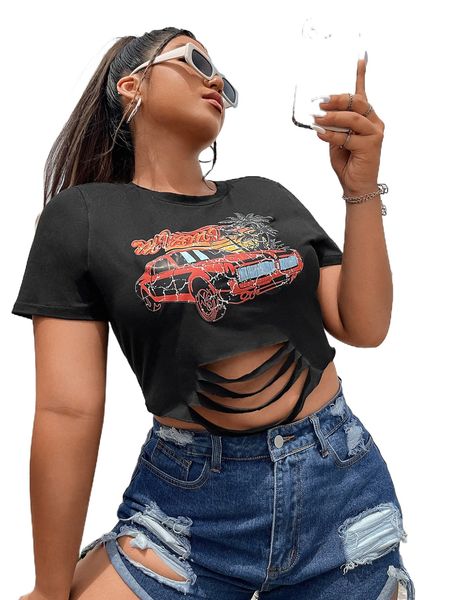 

plus car and letter graphic cut out front tee w6jf#, Black