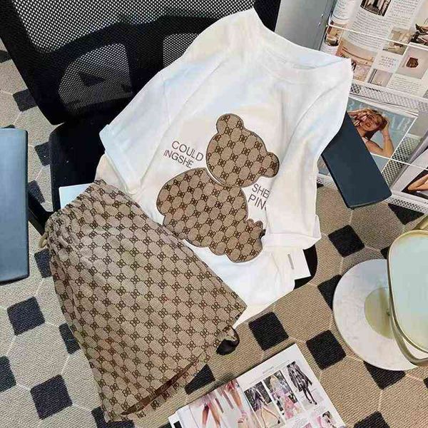 

70% off factory direct online high grade embroidered cute bear short sleeve t-shirt high waist shorts women loose thin net red street style, White