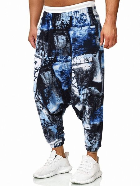 

men random tie dye drop crotch pants u901#, Black