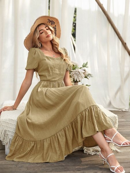 

ruffle hem puff sleeve dress 49et#, Black;gray