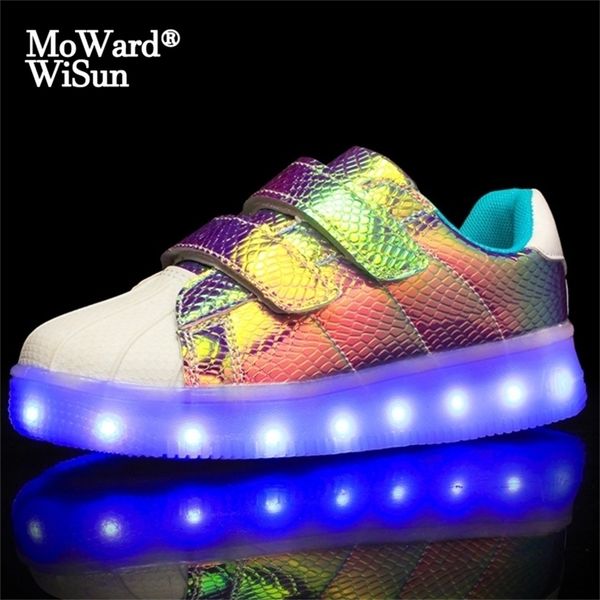 Tamanho 25-37 Crianças Sapatos luminosos com tênis iluminados de solteiro com luzes LED USB tênis brilhantes carregados para meninos meninas LJ201202