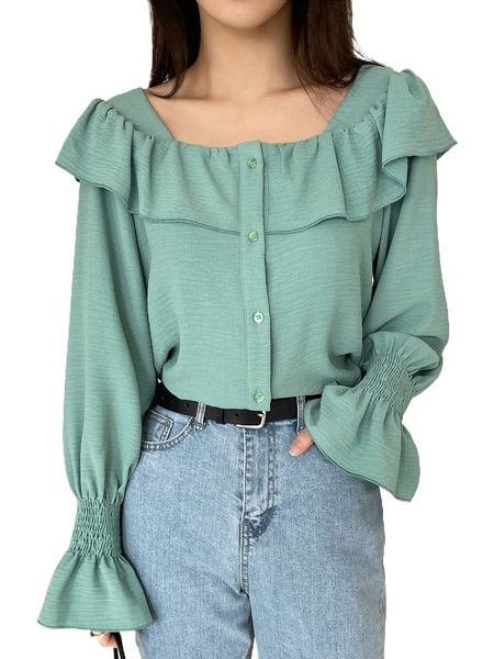 

dazy ruffle trim shirred flounce sleeve blouse f48d#, White