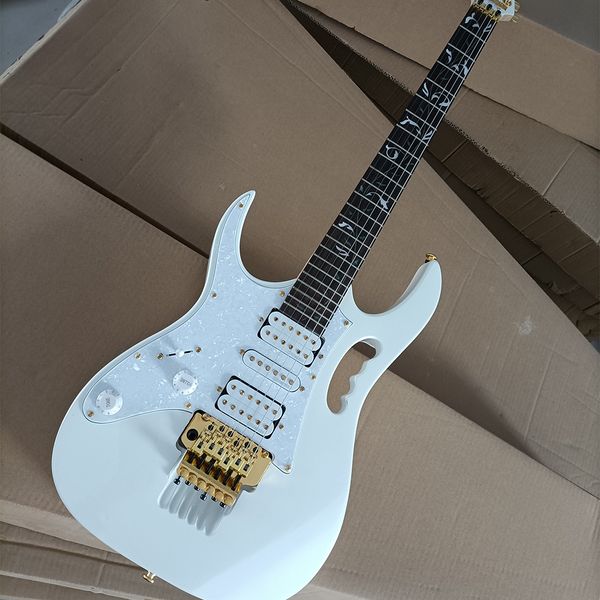 

left hand 6 strings white electric guitar with gold hardware rosewood fretboard