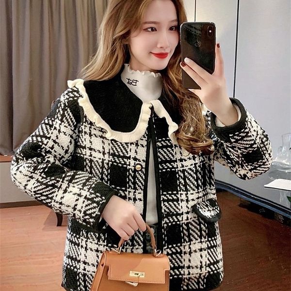 

women's polos spring and autumn short baby collar knitted sweater cardigan plaid outer wearing jacket ulxr, White