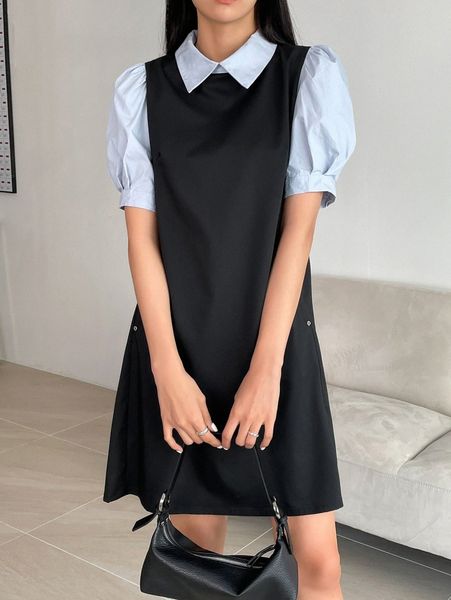 

dazy contrast collar puff sleeve dress j3zl#, Black;gray