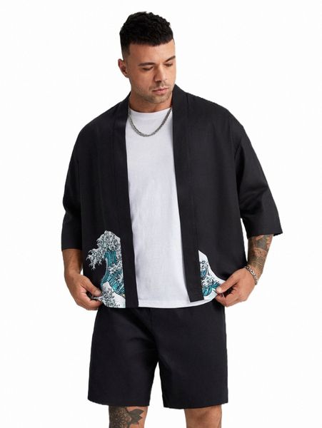 

extended sizes men wave print kimono & shorts p5za#, Gray