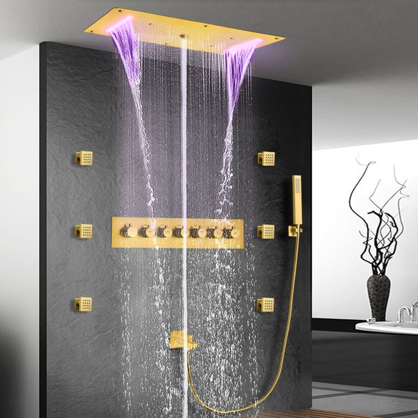 Goldene Luxus-Duschsysteme, 28 x 15 Zoll, LED-Hochdruck-Duschkopf, Decke, eingebettetes Badezimmer-Thermostat-Duschset