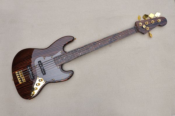 

factory custom zebra wood 5-string electric bass guitar with zebra fingerboard gold hardwares transparent pickguard offer customized