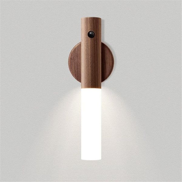 Luci notturne Sensore di movimento intelligente Applique da parete in legno Lampada wireless magnetica per armadio guardaroba Scala USB 5V 1WNotte