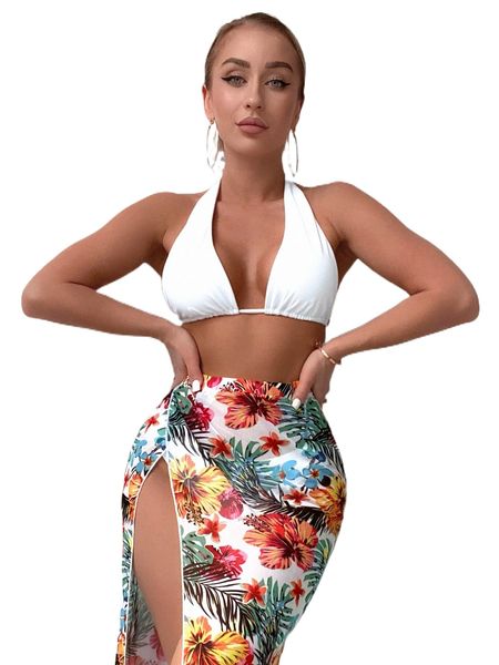 

3pack floral print bikini swimsuit & beach skirt g6ze#, White;black