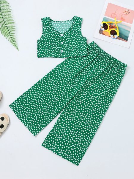 

little girl's floral vest and wide leg pants she, White