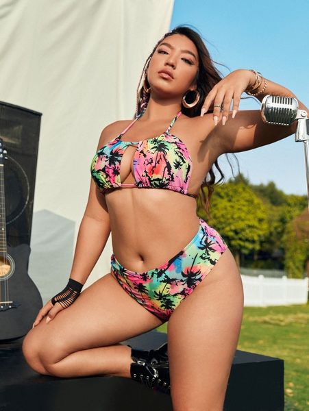

plus palm tree print tie dye halter bikini swimsuit l19t#, White;black