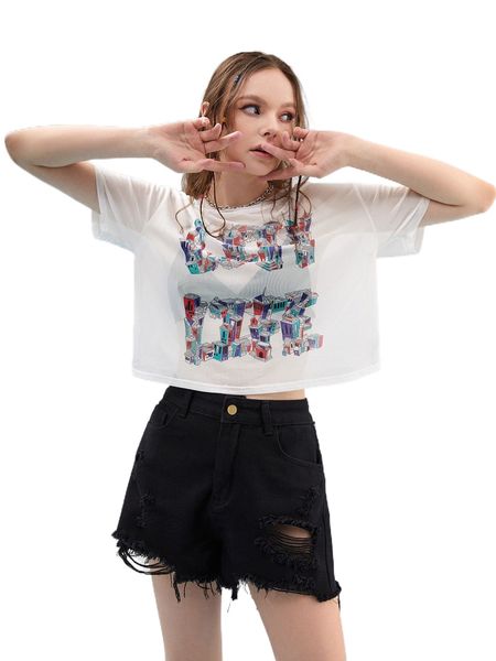 

x kchill building and letter graphic drop shoulder sheer mesh without bra b8cv#, White