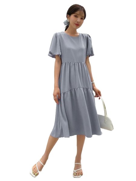 

dazy solid puff sleeve smock dress y9ss#, Black;gray