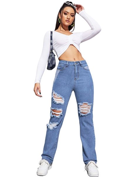 

ripped washed straight leg jeans i1qd#, Blue