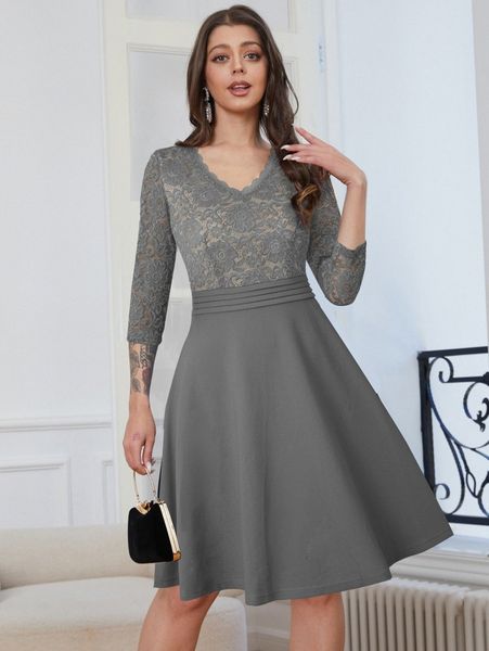 

contrast lace fit & flare dress o8qd#, Black;gray