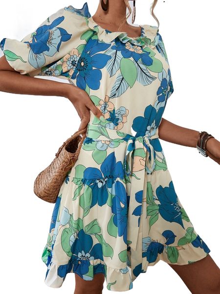 

ruffle trim floral belted dress g59l#, Black;gray