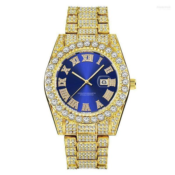 Orologi da polso Luxury Gold Roman Bling Hip Hop Full Iced Out Orologio al quarzo Blue Diamond Orologi Uomo Argento Diomand Reloj De Diamantes Thun22