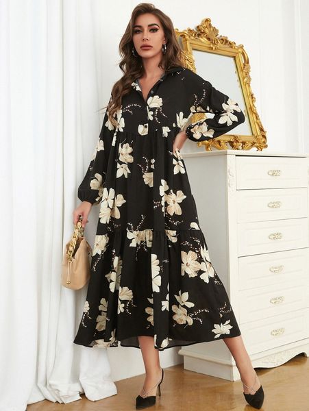 

floral print lantern sleeve ruffle hem smock dress b1su#, Black;gray