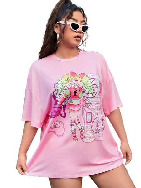 

plus figure & cartoon graphic drop shoulder tee q26h#, Black