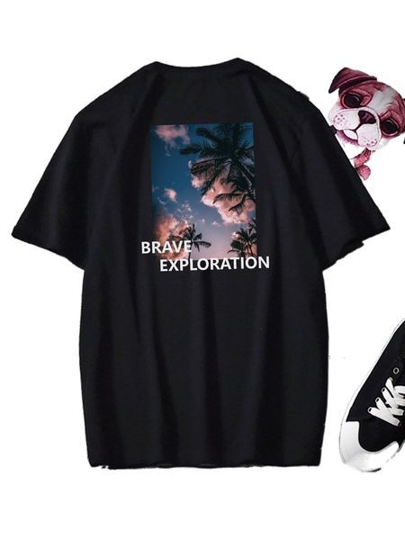 

men letter & tropical print tee d5ng#, White;black