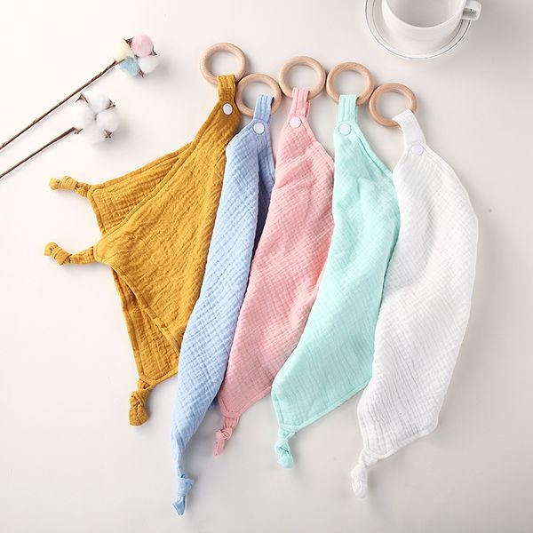 

soft cotton baby bibs solid colour baby soothe appease towel burp cloth with wood teether ring newborn snap button cuddle