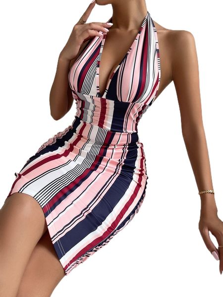 

block vertical striped tie backless halter dress x9ht#, Black;gray