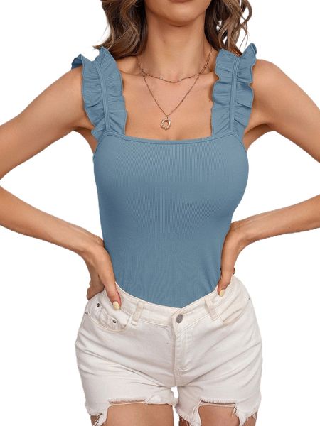 

ribbed knit ruffle trim cami q1af#, White