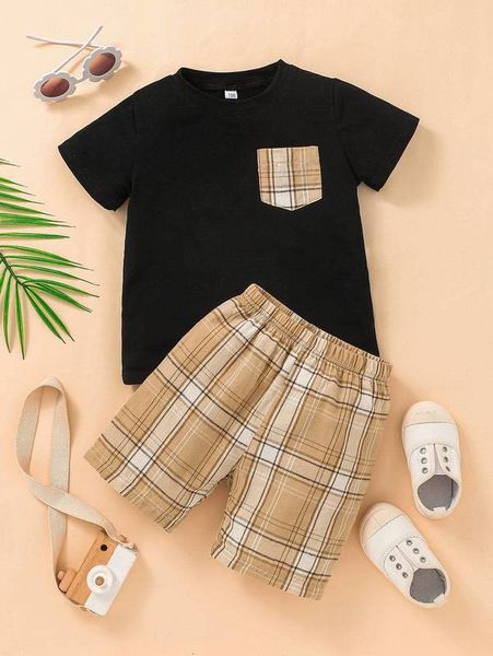 

toddler boys plaid patched pocket tee & shorts she02, White