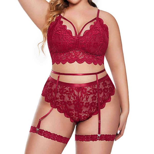 Plus Size 2 pezzi Lingerie Set Donna Ricamo Pizzo floreale Reggiseno Mutandine Giarrettiera Vita alta Set biancheria da notte Esotico L220727