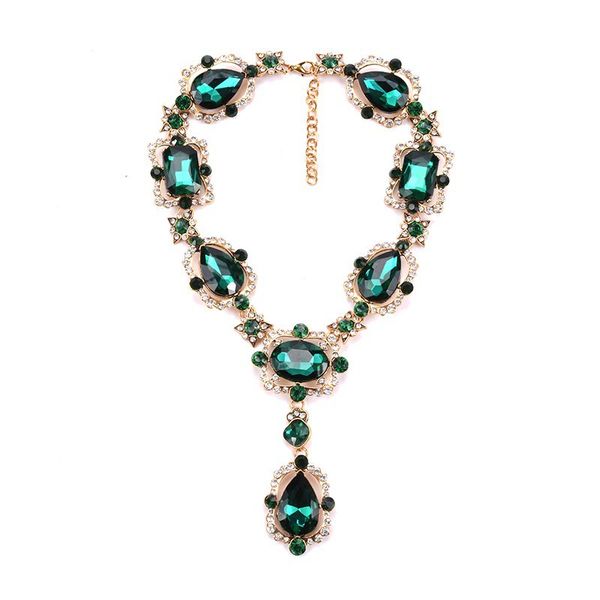 

european and american exaggerated jewelry choker alloy glass crystal collarbone chain temperament popular gemstone drop necklace, Golden;silver