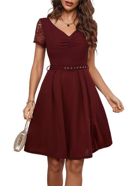 

ruched front contrast lace belted dress k3f4#, Black;gray