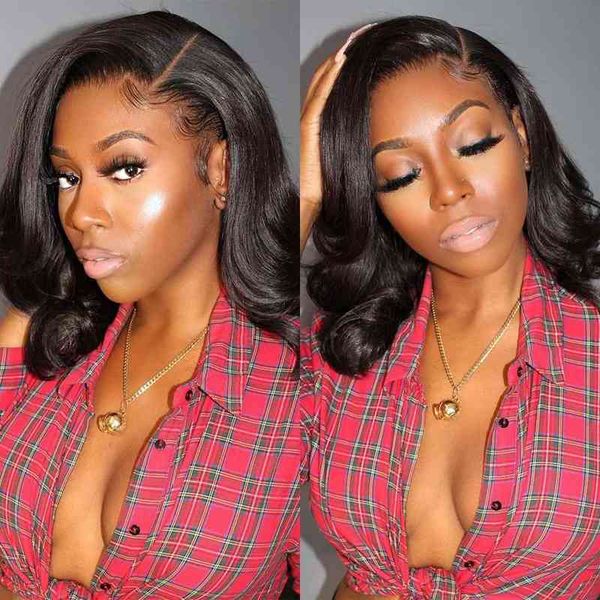 

nxy wigs brazilian remy 4x4 lace wig pre plucked with baby hair body wave 180 density 10 12 14 inch human short water bob wigs220701, Black;brown