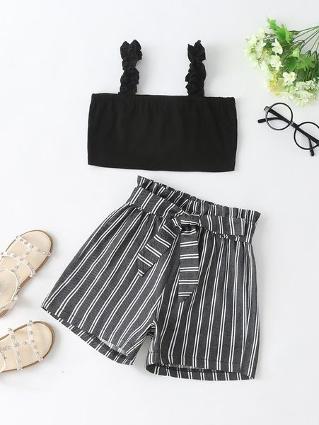 

girls frilled cami & striped paperbag waist belted shorts she, White