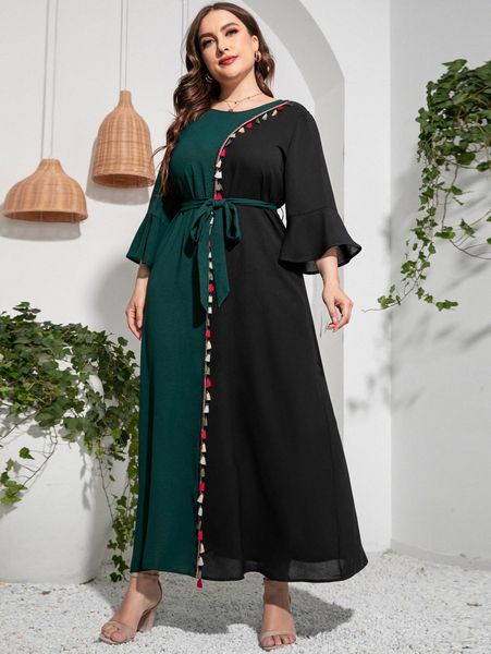 

plus two tone tassel trim flounce sleeve belted dress j75m#, Black