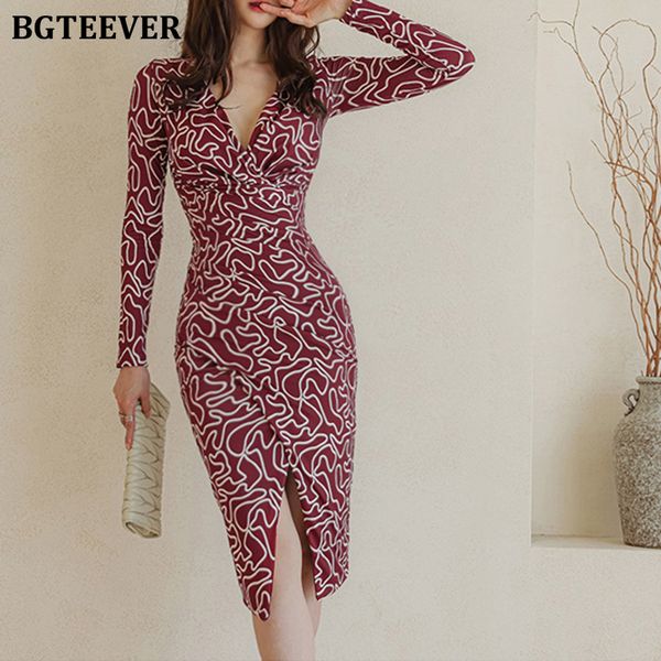 

stylish v-neck printed dress for women long sleeve slim waist female split bodycon midi dress elegant vestidos femme, Black;gray