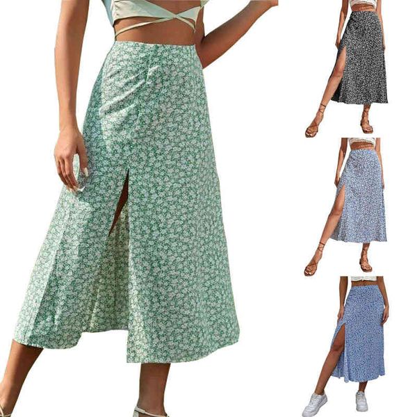 

skirts 2022 summer floral skirt split a-line wrap hip mid waist g87i, Black