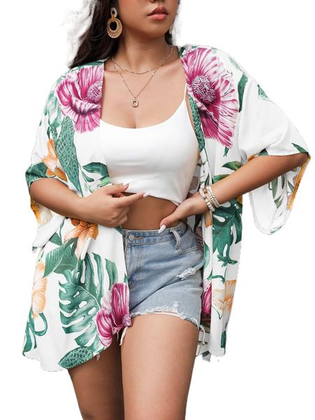 

plus tropical print kimono k0vq#, Black;gray