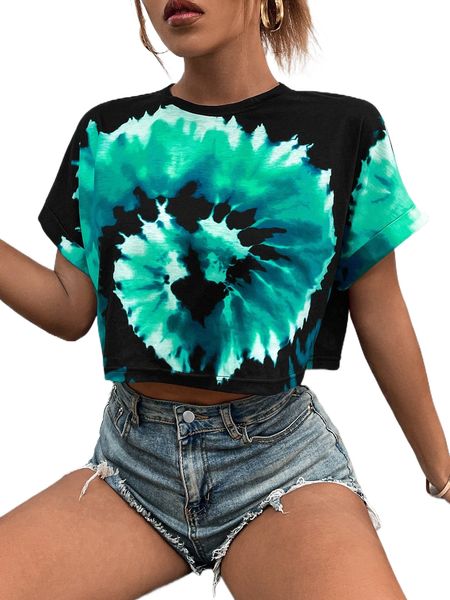 

tie dye batwing sleeve crop tee u6st#, White