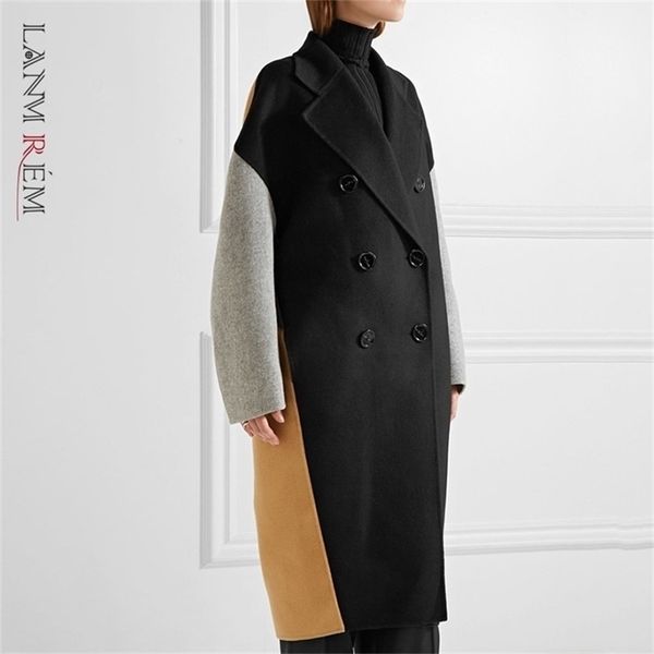 

lanmrem autumn autumn fashion women plus large block color matching lapel double-breasted cashmere coat tc818 201221, Black