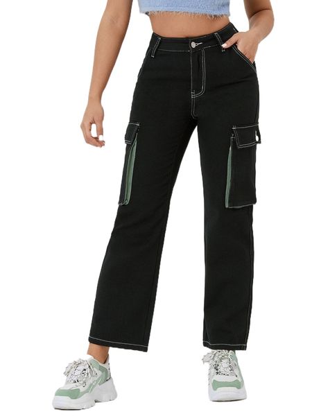 

petite high waist flap pocket colorblock jeans x5uh#, Blue