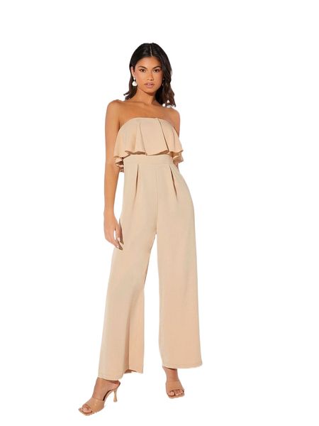 

ruffle trim plicated detail tube jumpsuit n0hl#, Black;white