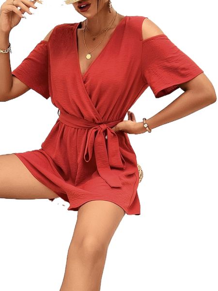 

solid cut out belted romper 667b#, Black;white