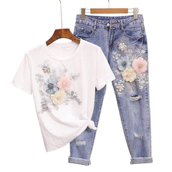 

two piece dress casual suits and pants women embroidery 3d flower tshir166t, White