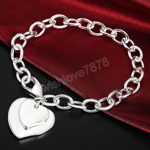 

925 sterling silver double heart chain bracelet for women wedding engagement party fashion jewelry, Golden;silver