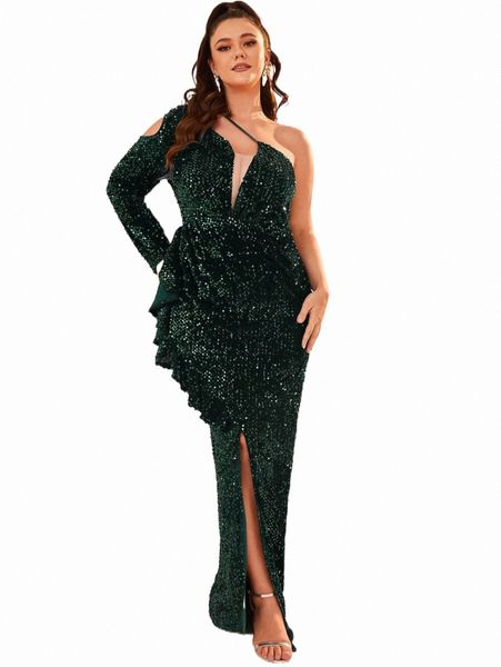 

plus asymmetrical neck split thigh sequins formal dress s7h2#, Black