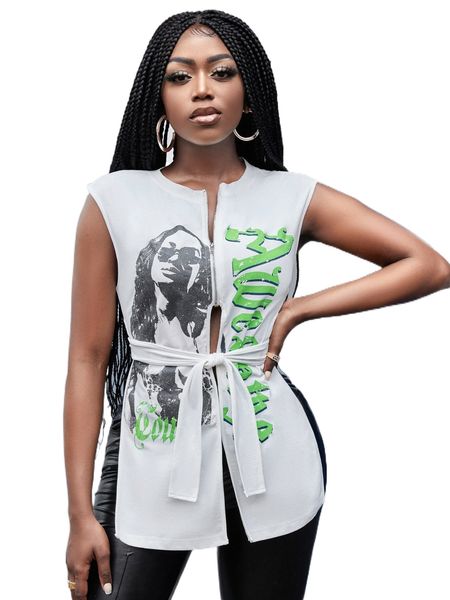 

sxy letter & figure graphic wrap cross tie front split hem tank c9j4#, White